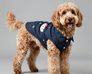 perro goldendoodle con chamarra