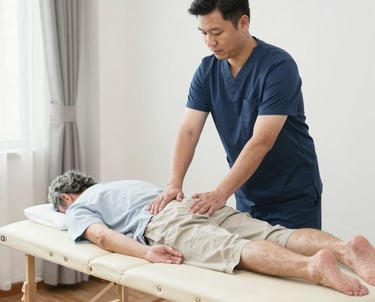 A caring registered massage therapist providing gentle treatment to an elderly client in a cozy living room.