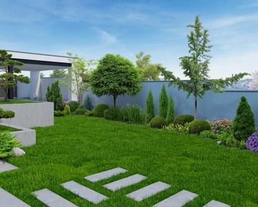 3D photorealistic rendering of a modern backyard design.