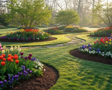 Vibrant spring flower beds and manicured lawn