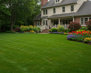 Residential backyard landscaping with flower borders