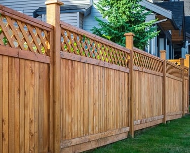 Classic wood privacy fence featuring a decorative lattice top and sturdy cedar posts.