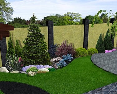 3D visualization of custom garden landscaping and fencing.
