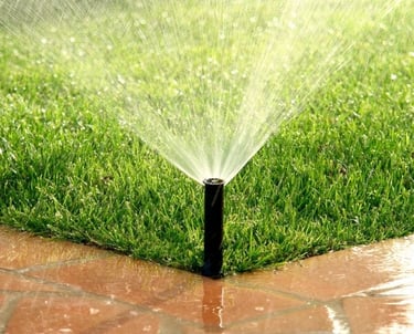 Close-up of a pop-up sprinkler head watering a lush green lawn near a stone patio.