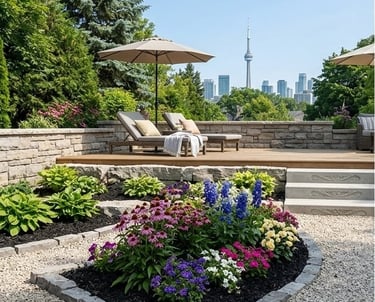 Toronto landscaping and hardscaping featuring modern stone walls, a wood deck, and seasonal plants w