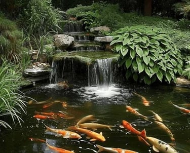 Tiered waterfall feature and koi pond.