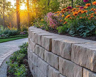 Curved interlocking block retaining wall with colorful floral landscaping.
