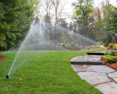 Automatic underground sprinkler system watering a large residential backyard with stone pathways.