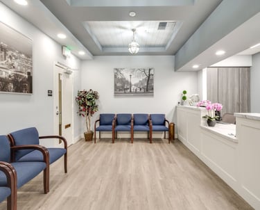 Medical office remodel: elegant patient waiting room with modern furnishings.