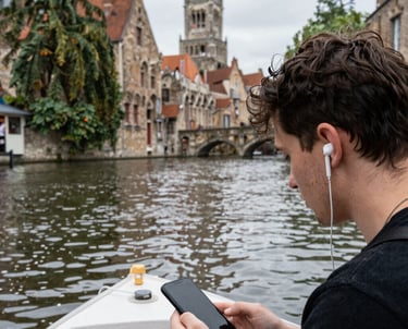 A scenic outdoor trail with a person wearing headphones, enjoying an audio tour.