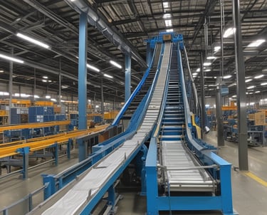 Technician inspecting a complex conveyor system in an industrial setting.