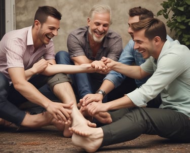 A group of smiling men laughing together in a cozy living room.