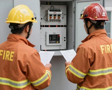 Technician performing safety inspection on industrial equipment in a bright workspace.