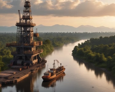 Heavy machinery installing large oil pipelines in a rugged landscape.