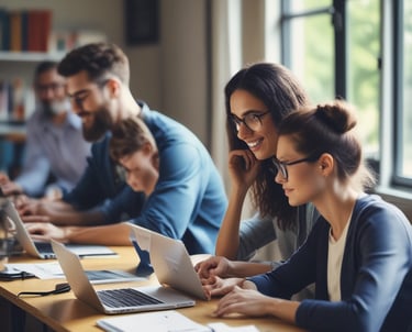 A person happily studying on a laptop with certification icons floating around.