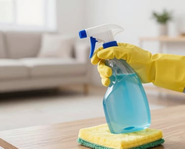 A friendly cleaner wearing gloves and holding cleaning supplies in a bright, tidy living room.