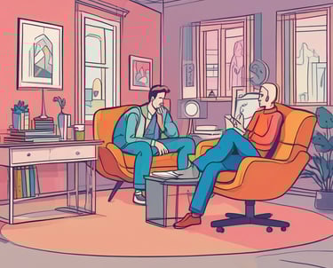 A calm therapy room with warm lighting and comfortable seating.