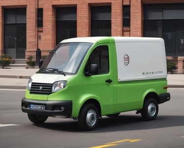 A compact electric mini truck loaded with fresh produce on a bustling city street.