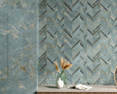 Modern interior with blue marble-patterned porcelain tiles wall and a geometric chevron design.
