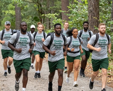 A vibrant scene of a diverse group enjoying an outdoor fitness class surrounded by nature.