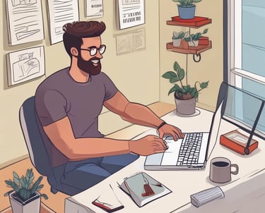 man sitting on a desk with a computer writing a blog article