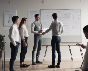 A team collaborating over digital marketing strategies for charitable organizations in a bright office.