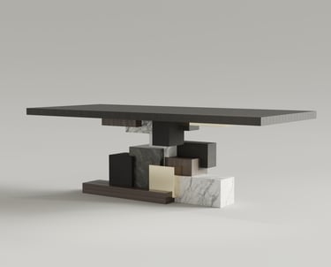 Table de salle à manger Blocks, pied en volumes imbriqués de marbre blanc, pierre de lave, noyer et laiton, plateau en moabi 