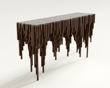 Rutile console, sculptural furniture with walnut prismatic columns descending from a fractured black marble top