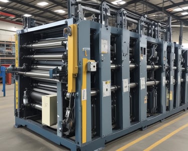 A printing machine applying vibrant designs onto corrugated sheets.