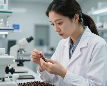 A professional portrait of an East Asian / Chinese woman in a lab coat, inspecting coffee beans in a clean, modern quality control laboratory. The lighting is bright and clean.