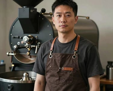 A professional portrait of an East Asian / Chinese man in a dark brown apron, standing in front of a high-end coffee roasting machine. He looks proud and experienced.
