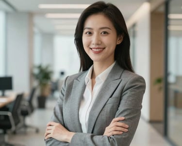 A professional portrait of an East Asian / Chinese woman in corporate attire, smiling confidently in a modern, bright office hallway. The lighting is soft and professional.