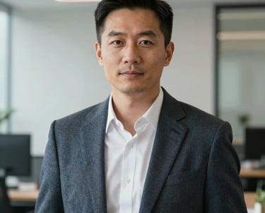 A professional portrait of an East Asian / Chinese man in a smart-casual blazer, looking directly into the camera in a modern office. Sophisticated and trustworthy expression.
