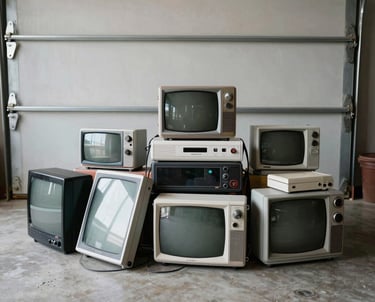 Collection of vintage cathode-ray tube CRT televisions and VCR players stacked in a garage.