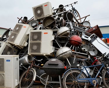A large pile of scrap metal recycling including old air conditioners, bicycles, and grills.