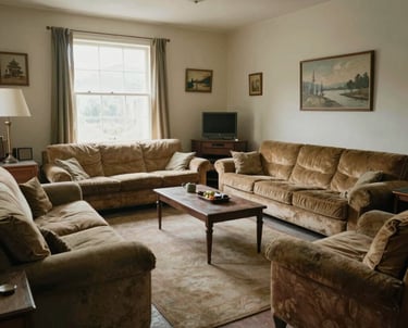 Vintage living room with brown velvet sofas, a wooden coffee table, and landscape wall art.