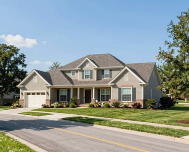 Modern two-story suburban home with tan siding, stone accents, and a two-car garage.