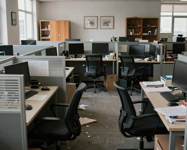 Modern open plan office with rows of cubicle desks, black chairs, and dual monitors.