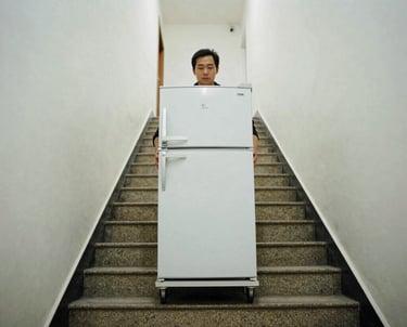 A junk removal man carefully moves a white refrigerator up a narrow apartment staircase.