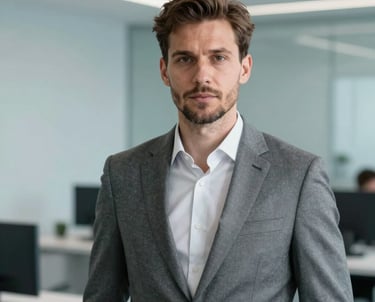 Professional portrait of a man in a modern gray suit, Central European professional appearance, focused and authoritative expression, setting in a high-tech office with light blue accents.