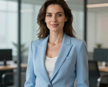 Professional portrait of a woman in a light blue blazer, Central European professional look, friendly yet authoritative, modern office setting with glass elements.