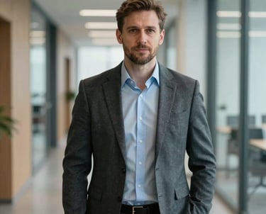 Professional business portrait of a man in semi-formal attire, Central European / Polish style, standing in a brightly lit modern office corridor with subtle reflections.