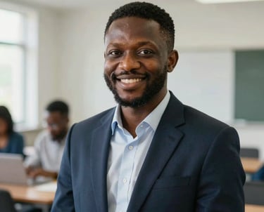 Portrait of a technology researcher smiling warmly in a bright academic setting, capturing a Nigerian / West African and Global Academic style. Prestigious, structured, clean composition.