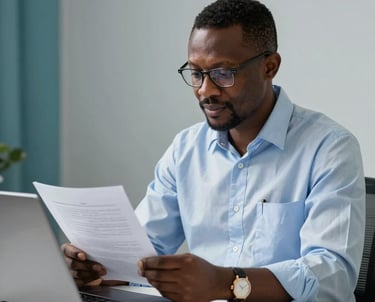 Portrait of a distinguished science educator reviewing digital manuscripts in an office, portraying a Nigerian / West African and Global Academic researcher. Clean slate-gray and teal background, bright lighting.