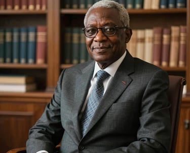 Portrait of a senior academic editor sitting in an elegant study, representing a Nigerian / West African and Global Academic leader. Professional attire, warm natural light, bookshelves in the background, scholarly and prestigious feel.