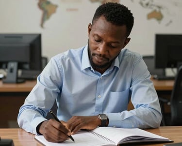 Portrait of an associate academic editor writing notes at a clean wooden desk, set in a Nigerian / West African and Global Academic department. Professional and scholarly look, soft studio lighting.