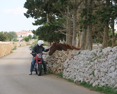 Motorcycle riding through Menorca´s walled back roads