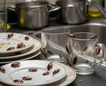 A cockroach infestation on dirty dishes and glasses in a kitchen sink, showing a need for pest control.