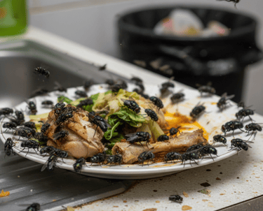 A swarm of house flies on a plate of leftover food in a messy kitchen, highlighting a pest infestation.