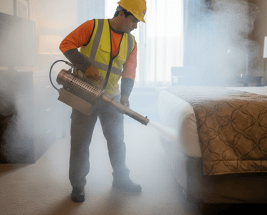 Professional pest control technician using a thermal fogger machine for bed bug treatment in a hotel room.